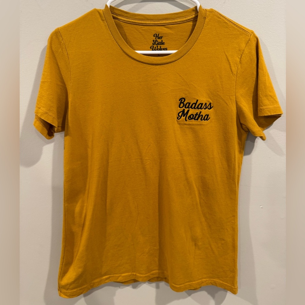 Her Little Wolves Embroidered‎ Bad Ass Motha Shirt Mustard Yellow Large